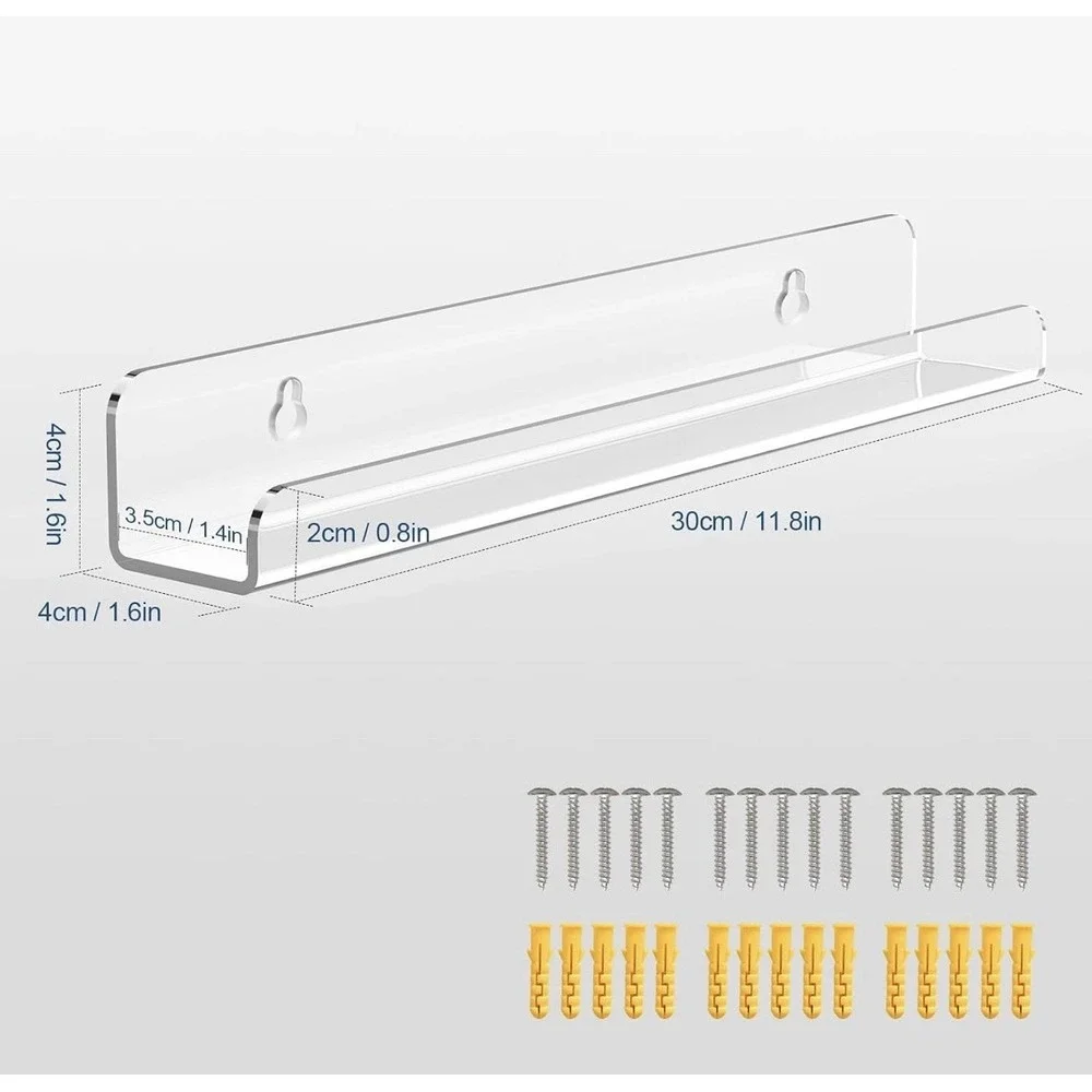 Set of 6 Clear Acrylic Wall Mounted Bracket Shelves for Books, 11.8 x 1.6 in